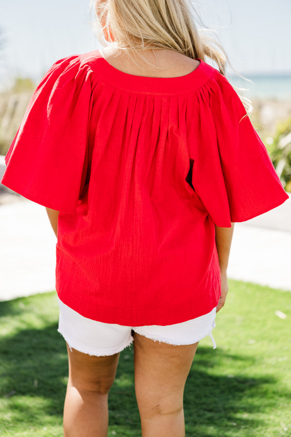 Chic Soul plus size clothing, short-puffed-sleeve bright red flowy top with a split-v-neckline 