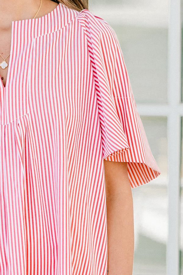 Chic Soul plus size clothing, short-sleeve red stripe top with a split-v-neckline and a subtle cinching on the waistline with a red and white pinstriped pattern