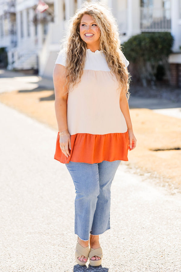 Chic Soul plus size clothing, 3 tiered peach multi top with short sleeves and ruffle outline along neckline and ruffle on bottom of top