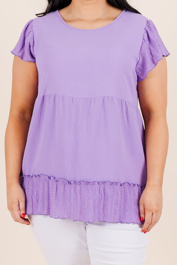 Chic Soul plus size clothing, lilac babydoll top with lace embroidery edges and flutter sleeves