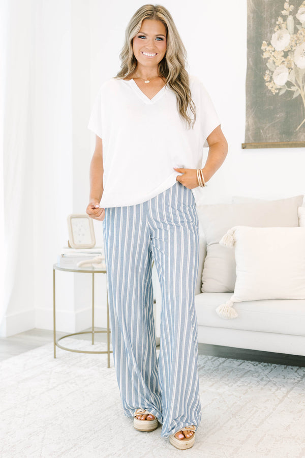 Plus Size blue and off-white vertical striped wide-leg pants with a high-waisted fit.