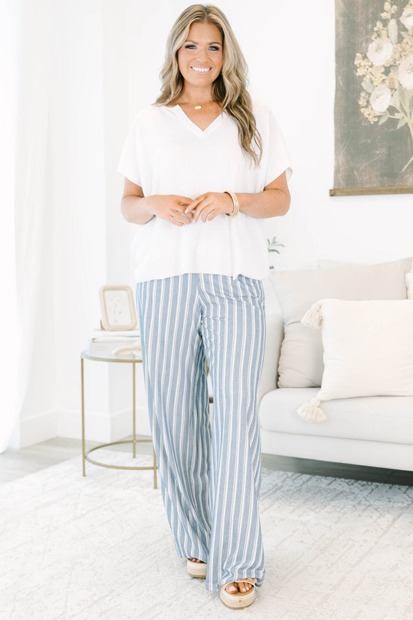 Plus Size blue and off-white vertical striped wide-leg pants with a high-waisted fit.