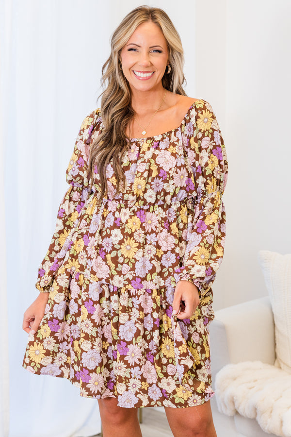 Chic Soul plus size clothing, brown long sleeve mini dress with floral purple/yellow print with square/round neckline with cuff bubble sleeves with cinched waist detail