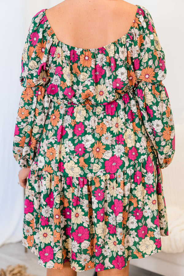 Chic Soul plus size clothing, bubble-long-sleeve green ruffled baby doll dress with square-neckline and orange and pink floral pattern 