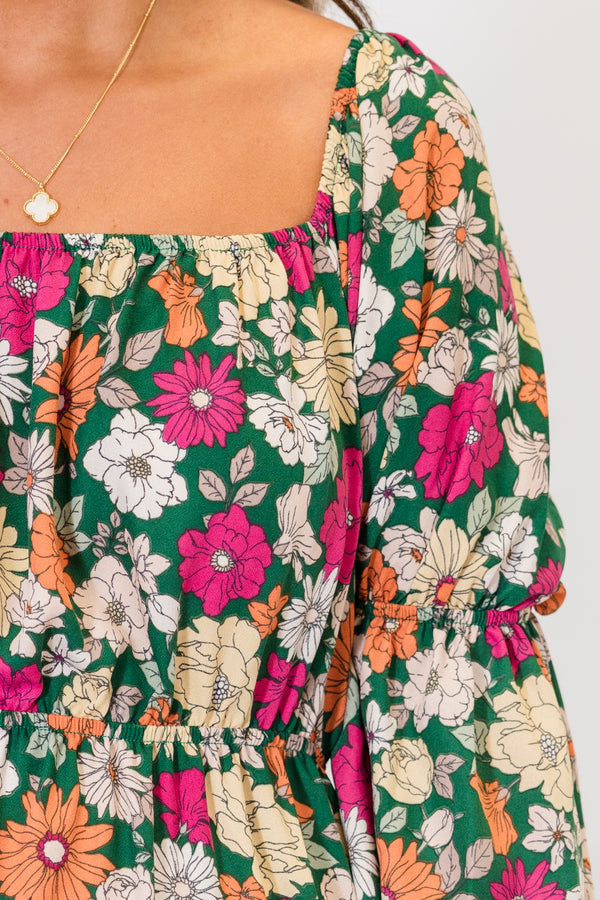 Chic Soul plus size clothing, bubble-long-sleeve green ruffled baby doll dress with square-neckline and orange and pink floral pattern 