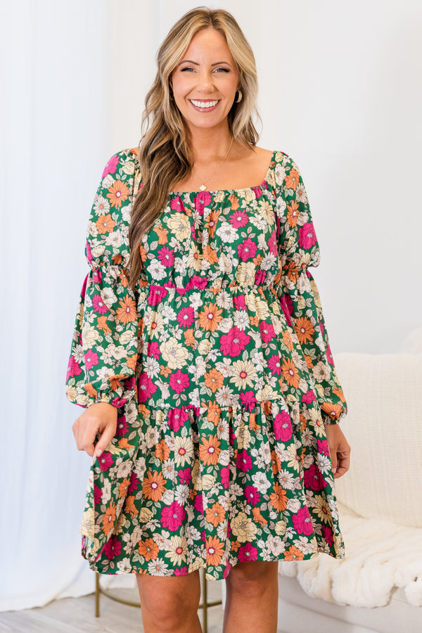 Chic Soul plus size clothing, bubble-long-sleeve green ruffled baby doll dress with square-neckline and orange and pink floral pattern 