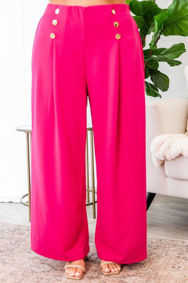 Chic Soul plus size clothing, high-waisted wide-leg fuchsia pants with gold button detailing on waist