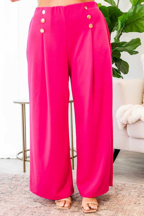 Chic Soul plus size clothing, high-waisted wide-leg fuchsia pants with gold button detailing on waist