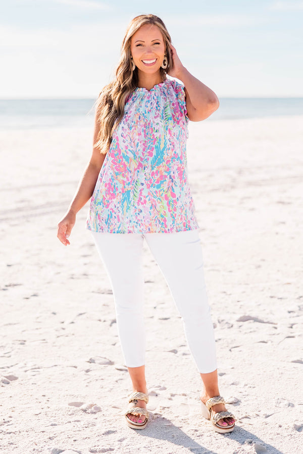 Chic Soul plus size clothing, mint combo tank top with abstract print and ruffle edges