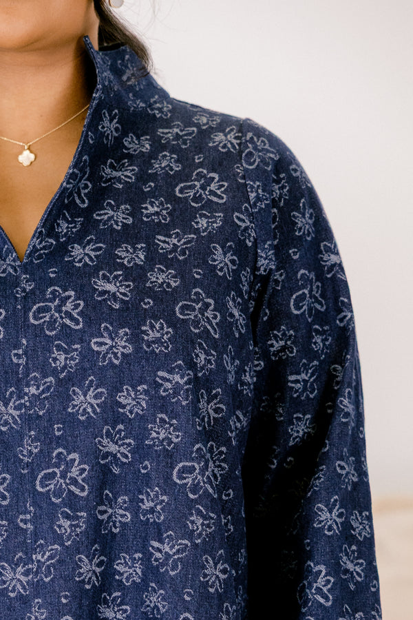 Chic Soul plus size clothing, navy long sleeve straight cut shift dress with v neck cutout and collar