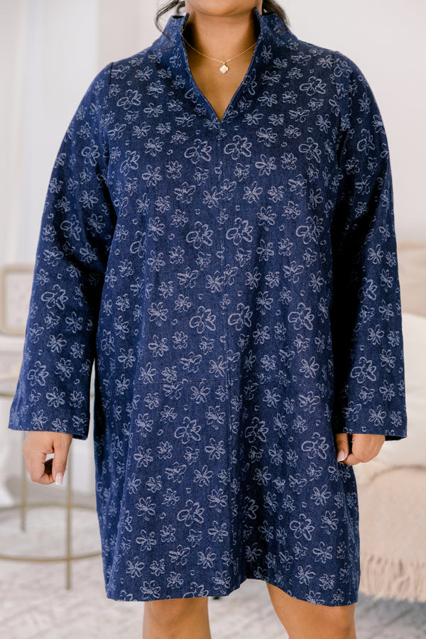 Chic Soul plus size clothing, navy long sleeve straight cut shift dress with v neck cutout and collar