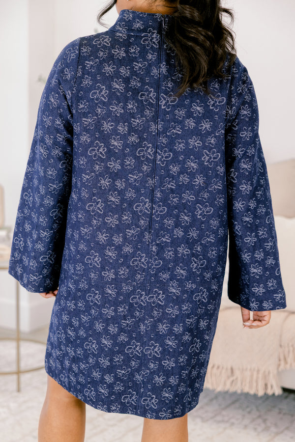 Chic Soul plus size clothing, navy long sleeve straight cut shift dress with v neck cutout and collar