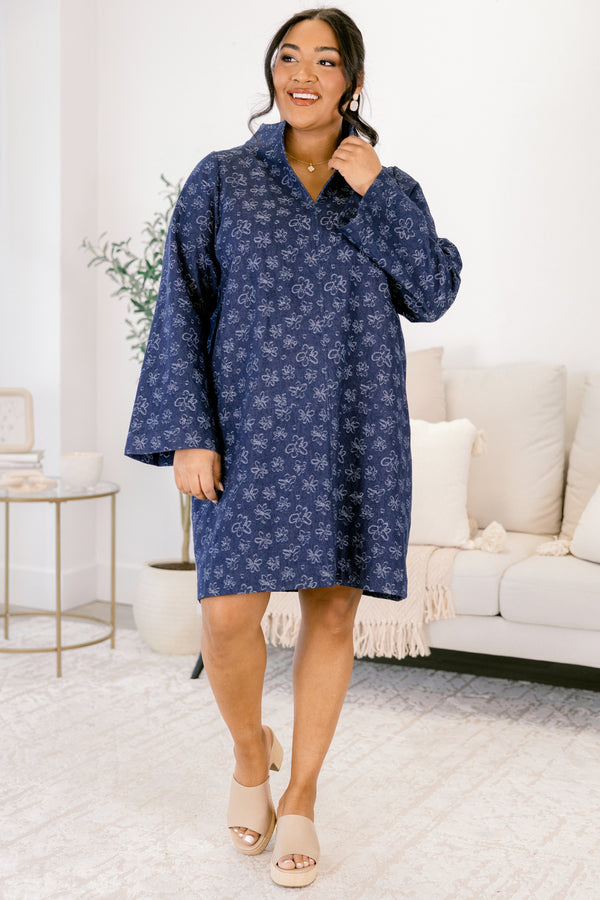 Chic Soul plus size clothing, navy long sleeve straight cut shift dress with v neck cutout and collar