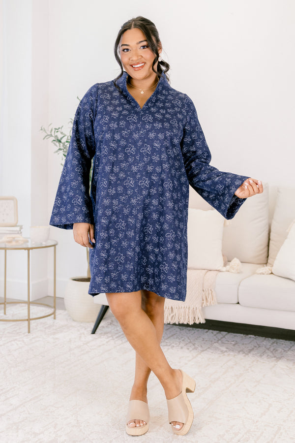 Chic Soul plus size clothing, navy long sleeve straight cut shift dress with v neck cutout and collar