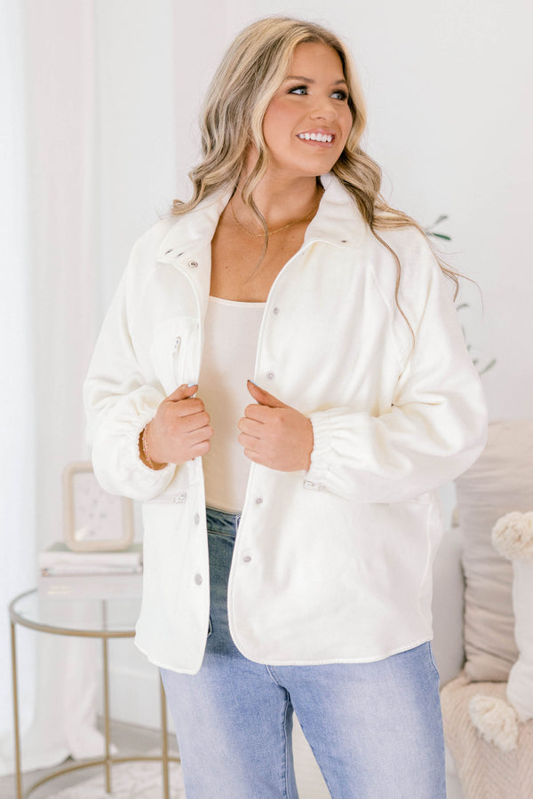 Chic Soul plus size clothing, white fleece button up backet with zipper pockets