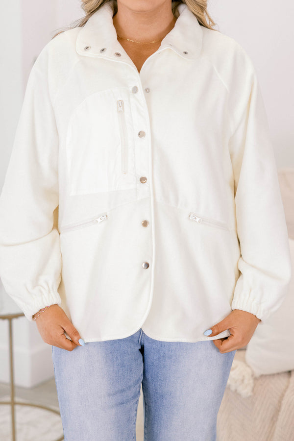 Chic Soul plus size clothing, white fleece button up backet with zipper pockets