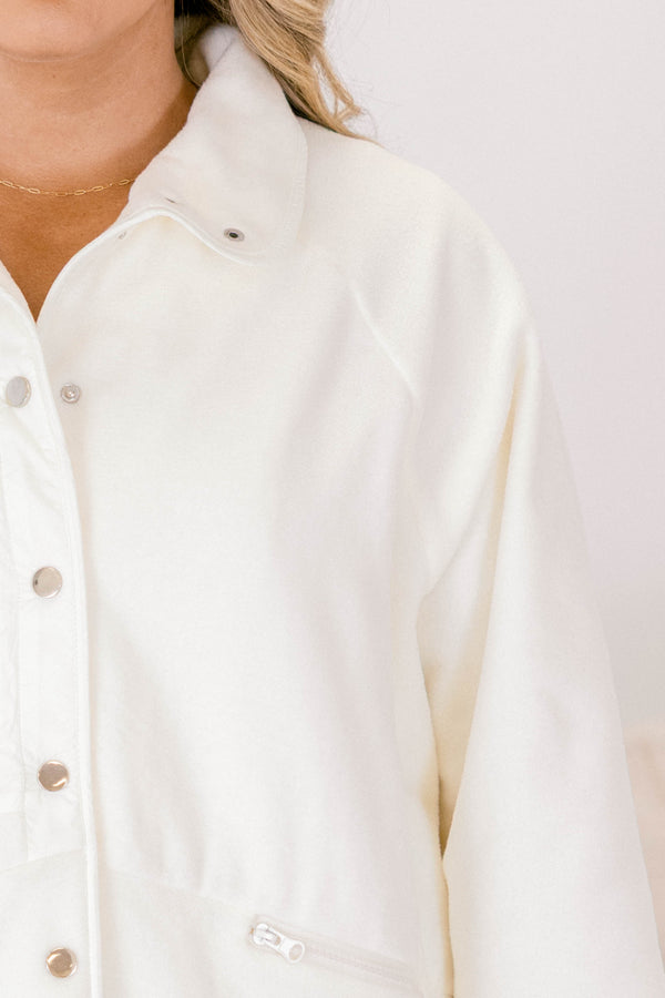 Chic Soul plus size clothing, white fleece button up backet with zipper pockets