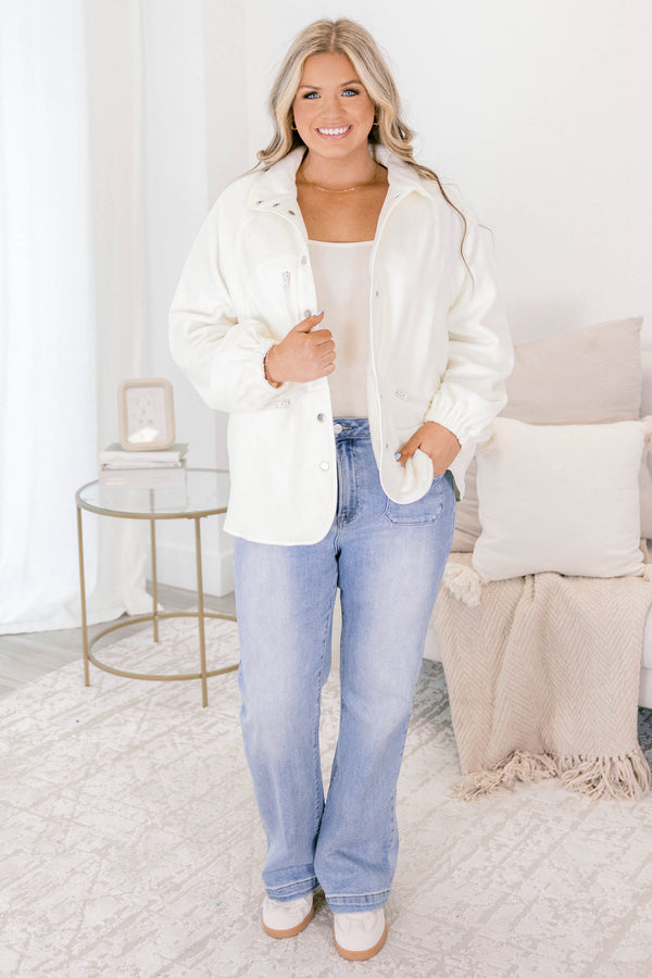 Chic Soul plus size clothing, white fleece button up backet with zipper pockets