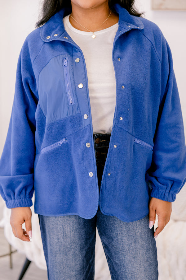 Chic Soul plus size clothing, blue jack with silver button details going down the sides of each jacket as well as a front pocket
