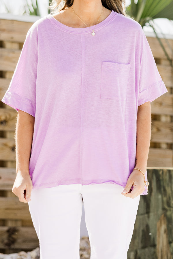 Chic Soul plus size clothing, lilac short sleeve basic top with seam down middle and pocket on front