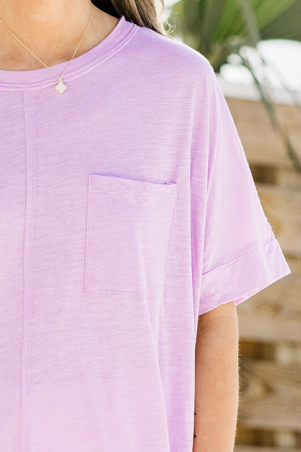 Chic Soul plus size clothing, lilac short sleeve basic top with seam down middle and pocket on front