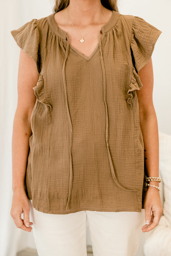 Chic Soul plus size clothing, short-flutter-sleeve mocha brown top with a split-v-neckline and tassel detailing 