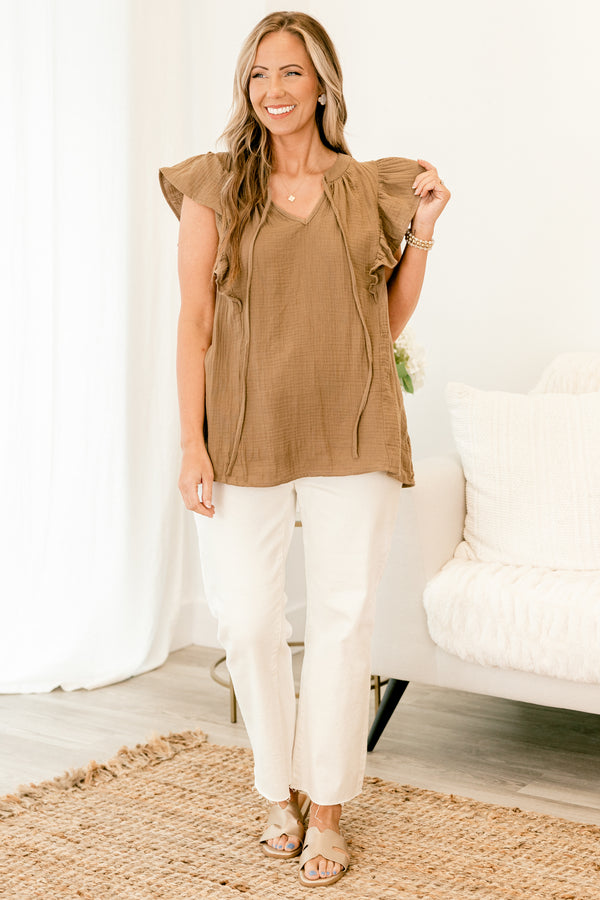 Chic Soul plus size clothing, short-flutter-sleeve mocha brown top with a split-v-neckline and tassel detailing 