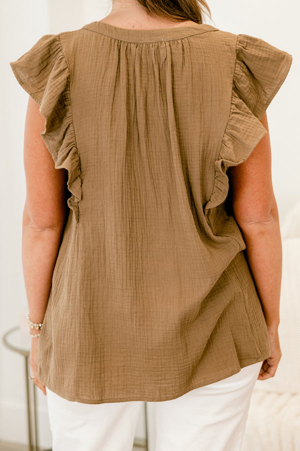 Chic Soul plus size clothing, short-flutter-sleeve mocha brown top with a split-v-neckline and tassel detailing 
