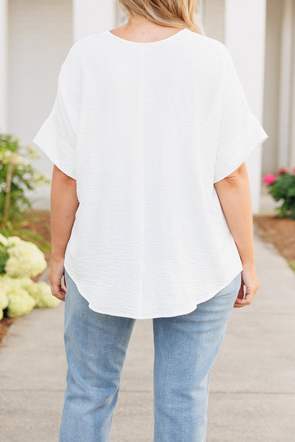 Chic Soul plus size clothing, white flowy short sleeves top with a v neck