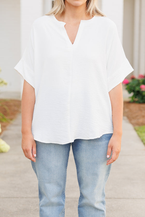Chic Soul plus size clothing, white flowy short sleeves top with a v neck
