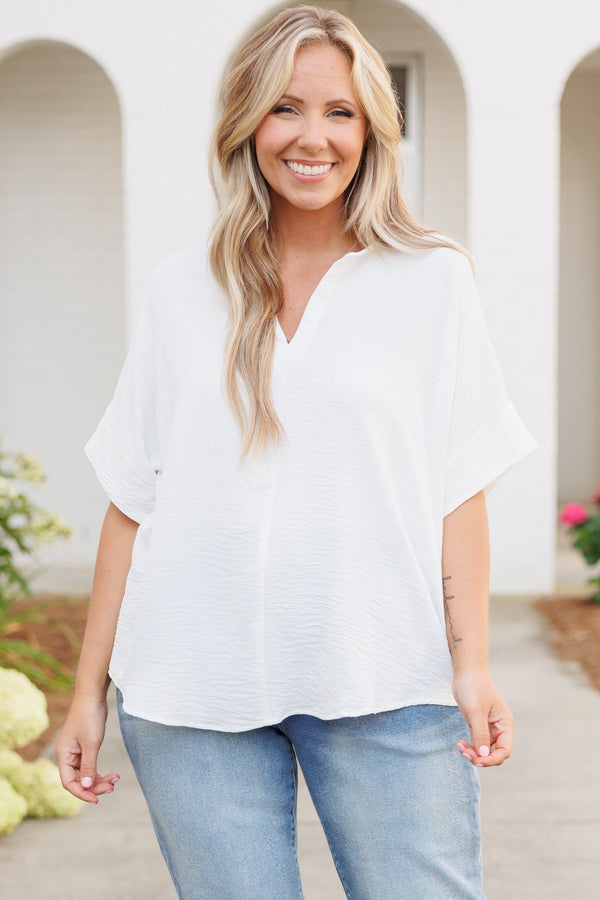 Chic Soul plus size clothing, white flowy short sleeves top with a v neck