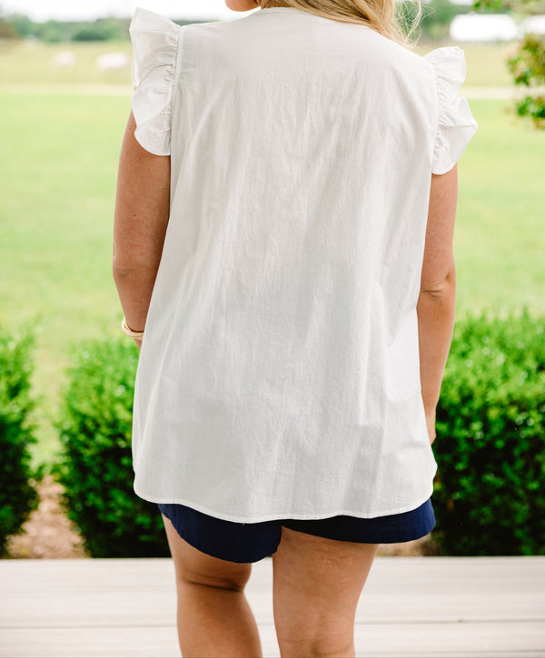 Chic Soul plus size clothing, short-flutter-sleeve white ruffled baby doll top with a v-neckline