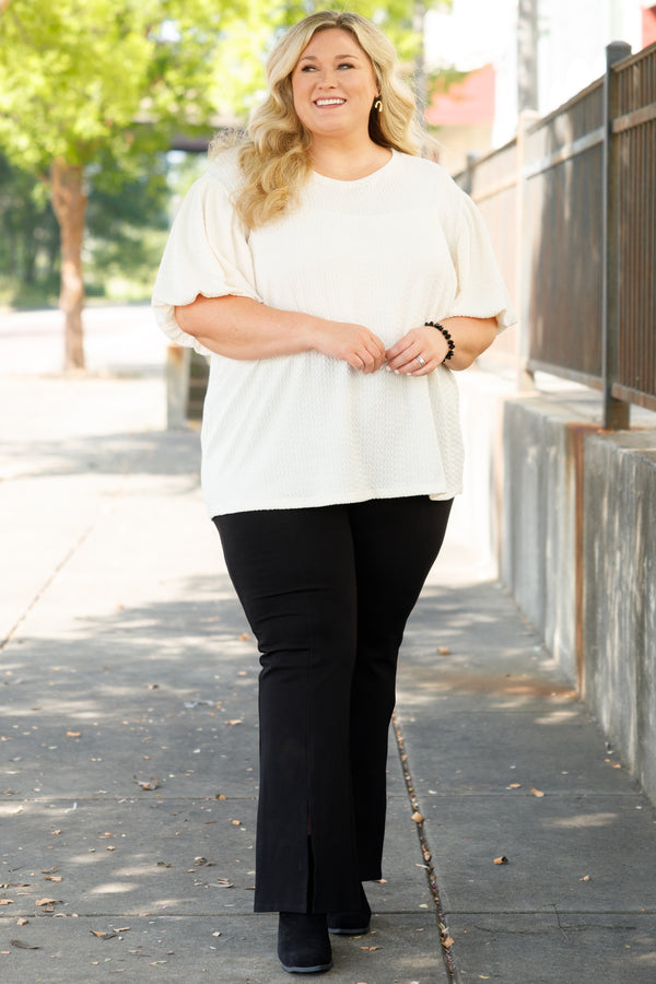 Chic Soul plus size clothing, cream top with bubble sleeves