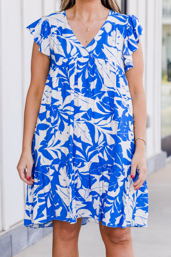 Chic Soul plus size clothing, flutter-sleeve royal blue and off-white baby doll dress with v-neckline and tropical floral pattern