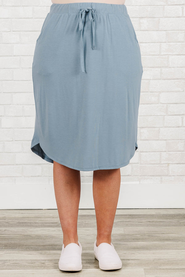 Chic Soul plus size clothing, blue grey knee length skirt with elastic waistband and pockets