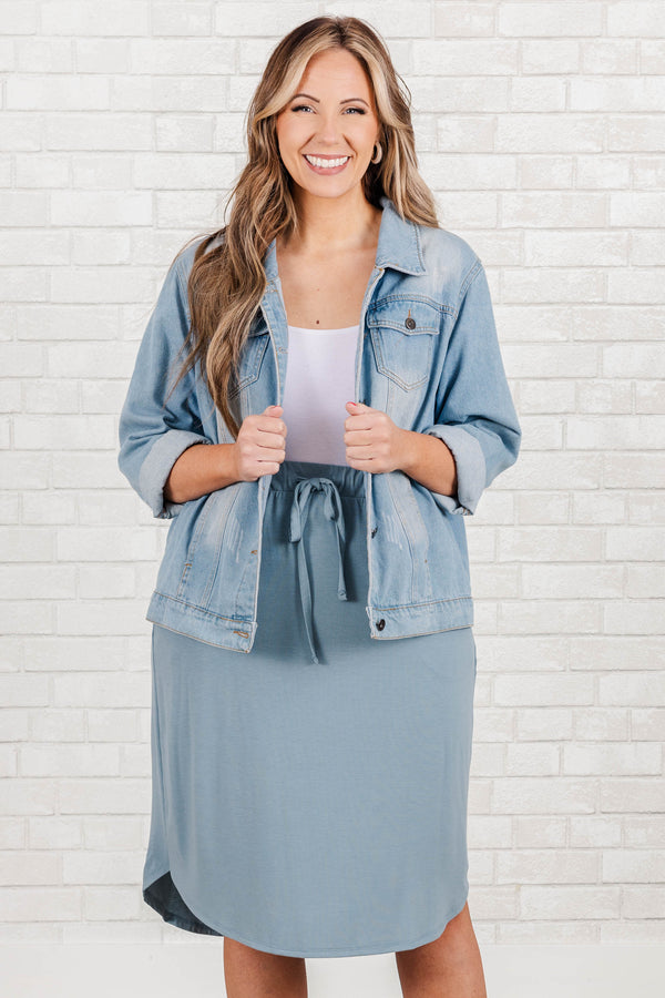 Chic Soul plus size clothing, blue grey knee length skirt with elastic waistband and pockets