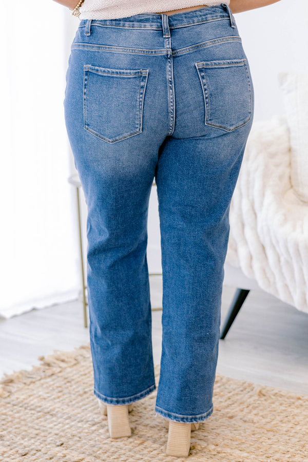 Chic Soul plus size clothing, medium wash full length straight leg jeans with distressed hem