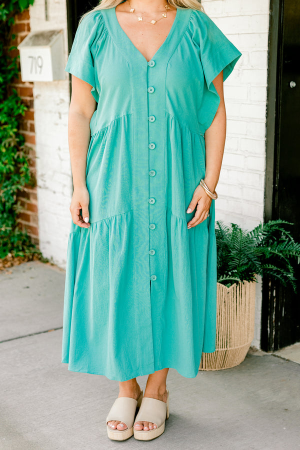 Chic Soul plus size clothing, turquoise short-flutter sleeve v-neck button-up relaxed fit midi dress