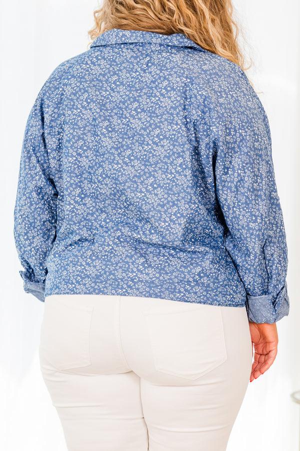 Chic Soul plus size clothing, denim long sleeve button up top with tie detail at the bottom with small white floral detail