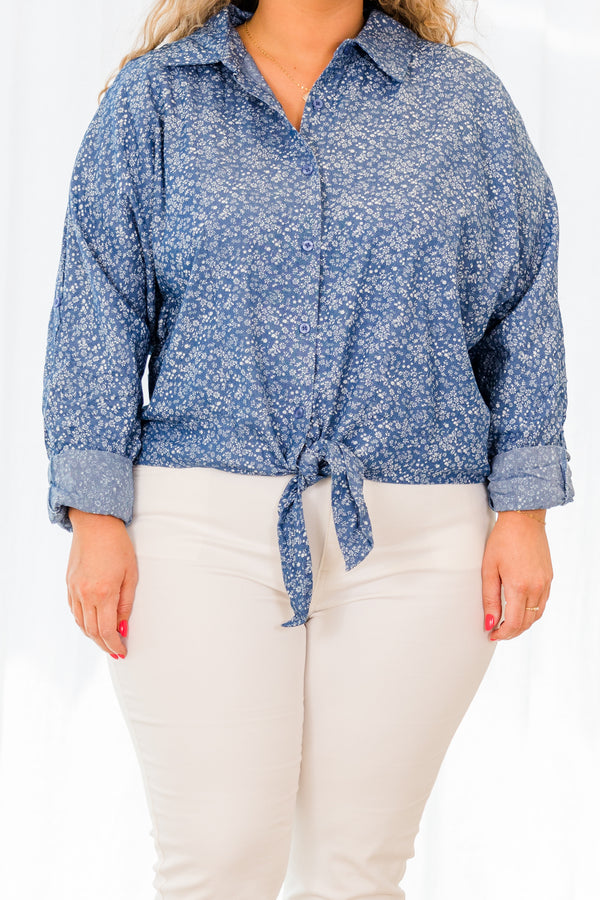 Chic Soul plus size clothing, denim long sleeve button up top with tie detail at the bottom with small white floral detail
