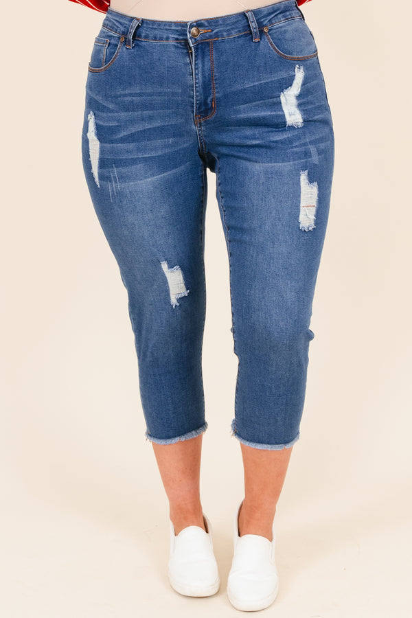 Chic Soul plus size clothing, medium wash distressed denim capris with frayed hemline