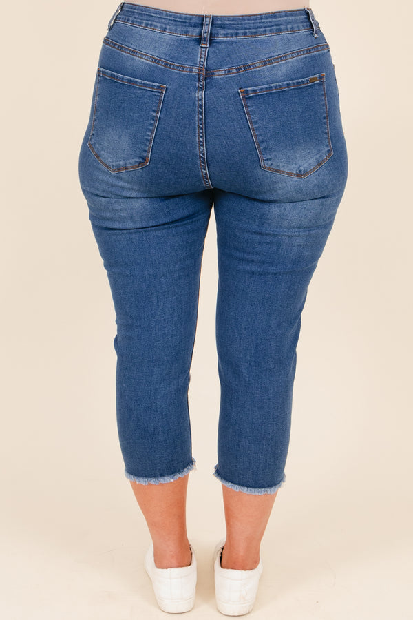 Chic Soul plus size clothing, medium wash distressed denim capris with frayed hemline