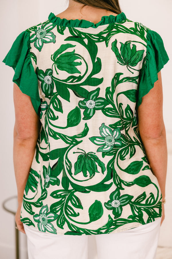 Chic Soul plus size clothing, white and green floral pattern top with green flutter sleeves