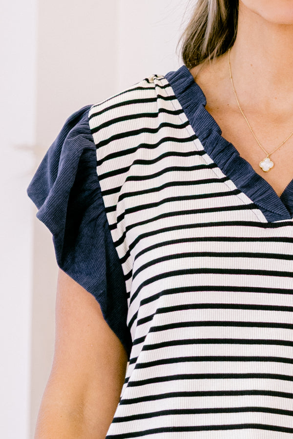 Chic Soul plus size clothing, Navy stripped top with solid navy flutter sleeves