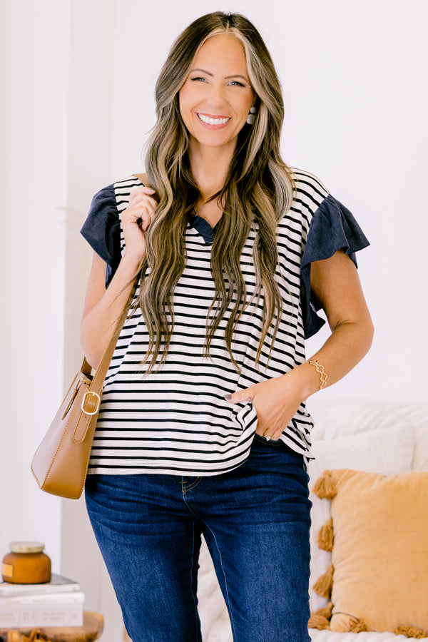 Chic Soul plus size clothing, Navy stripped top with solid navy flutter sleeves