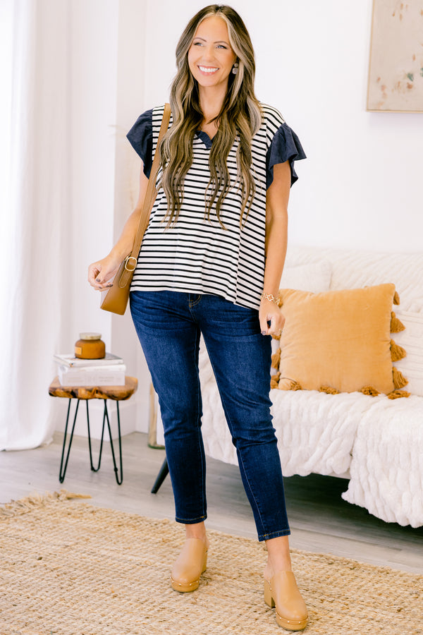 Chic Soul plus size clothing, Navy stripped top with solid navy flutter sleeves