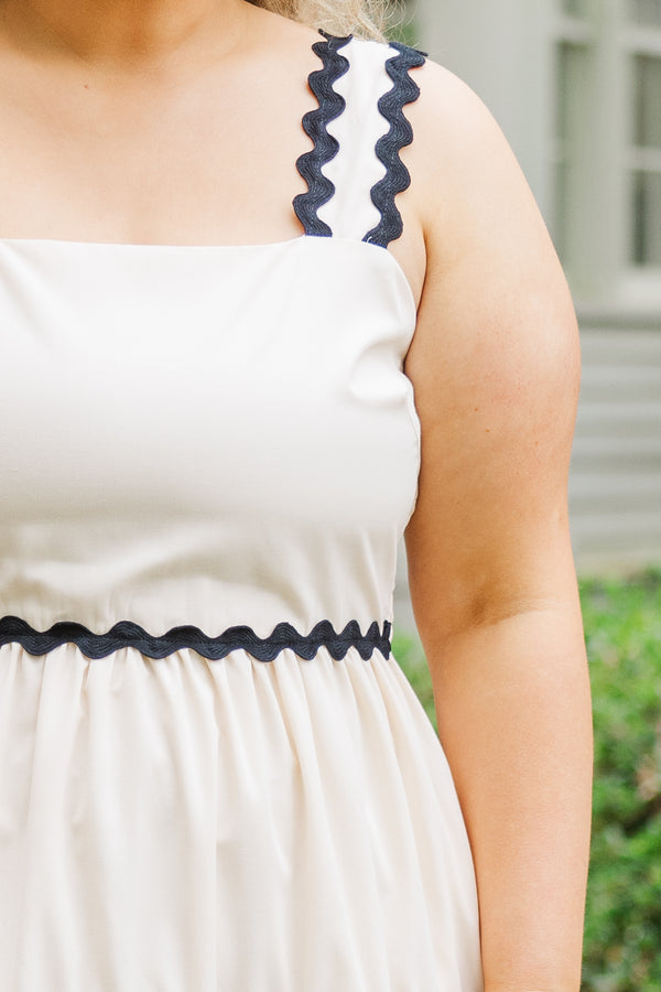 Chic Soul plus size clothing, strappy ecru maxi dress with ruffled details and black accent squiggles on straps and dress