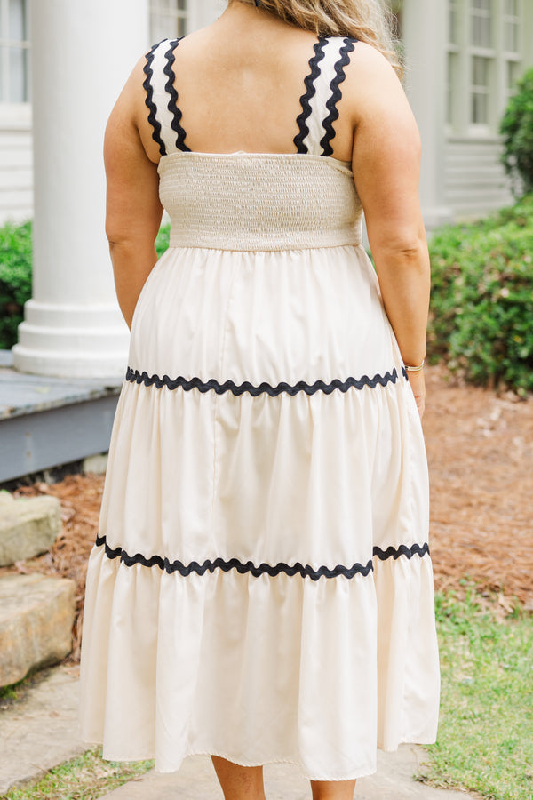Chic Soul plus size clothing, strappy ecru maxi dress with ruffled details and black accent squiggles on straps and dress
