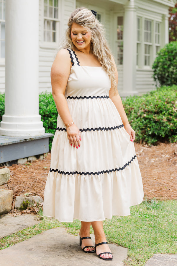 Chic Soul plus size clothing, strappy ecru maxi dress with ruffled details and black accent squiggles on straps and dress