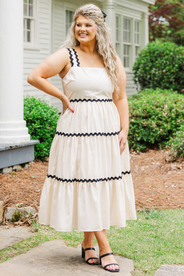 Chic Soul plus size clothing, strappy ecru maxi dress with ruffled details and black accent squiggles on straps and dress